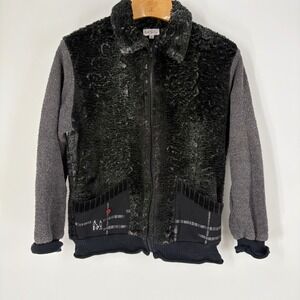 K.d. Spring Womens Faux Fur Fleece Mixed Media Zip Jacket Black Grey Small USA